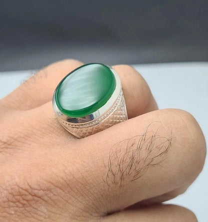 Rare Unheated Green Yemeni aqeeq ring for men Natural Yamani hakik rings Real Sterling Silver 925 - Heavenly Gems