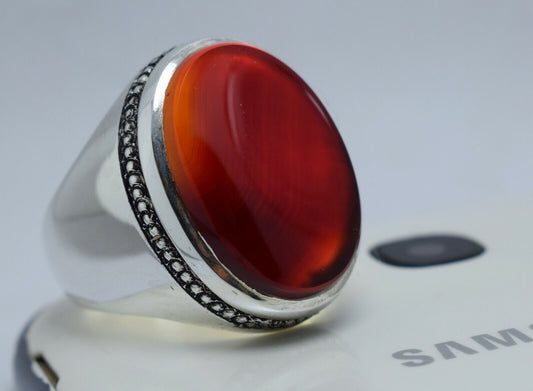 Natural Blood Red Aqeeq Bague Silver Rings Handmade Jewewllery Ring Mens Ring