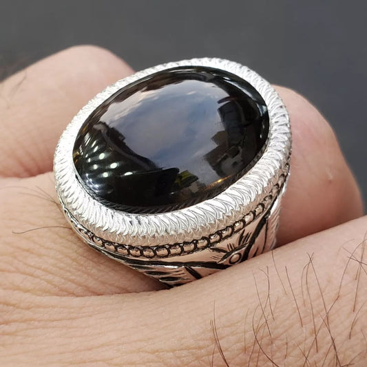 Mens Black Aqeeq Ring natural Agate Ring Oval Cut for Men Shifat Al Abad real Yemeni Aqeeq Ring - Heavenly Gems