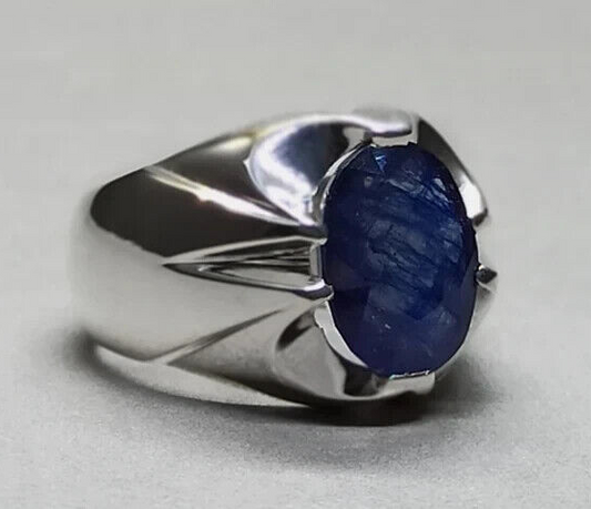 4.6 Carat Sapphire Ring Sterling Silver Handmade Mens Ring Natural Blue Sapphire - Heavenly Gems