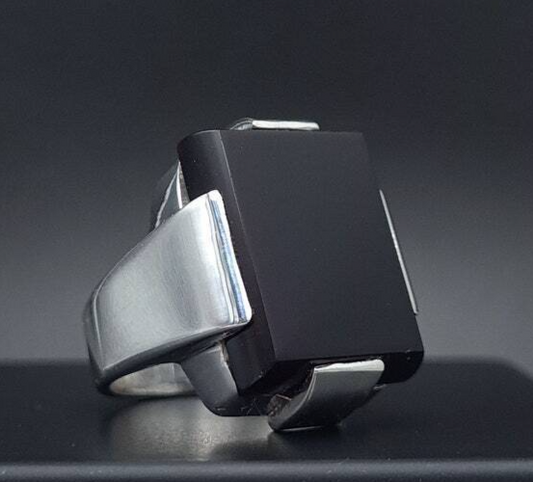 Mens Black Aqeeq Ring natural Agate Ring for Men Shifat Al Abad Yemeni Aqeeq Rectangular Cut Ring mens - Heavenly Gems