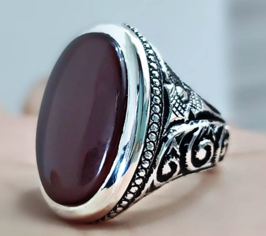 Mens Yemeni Aqeeq Ring Deep Blood Red Yamni Agate Natural Ring For Men - Heavenly Gems