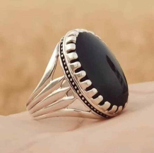 Mens Agate Ring Handmade Aqeeq Ring Black Yemeni Aqeeq Ring man ring akik Sterling Silver 925 (Premium Quality) - Heavenly Gems
