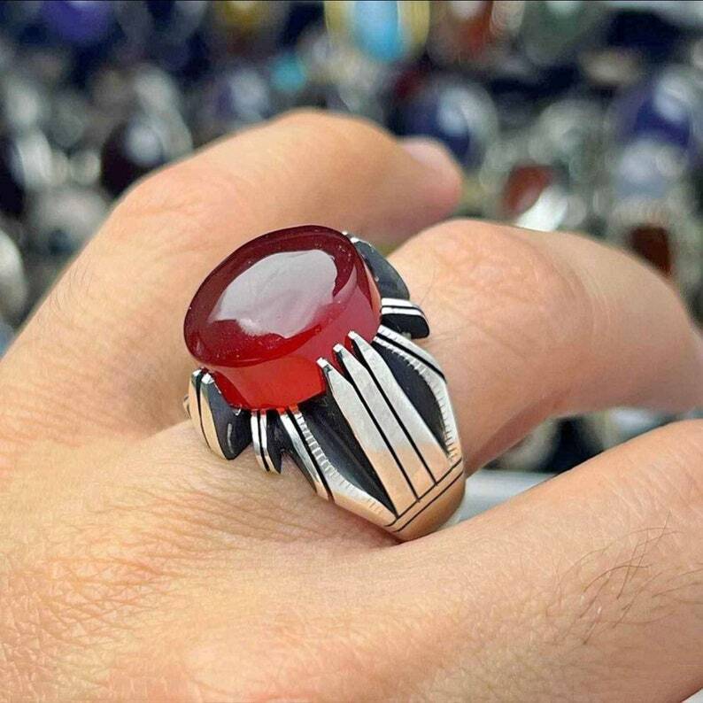 Yemeni Aqeeq Ring For Men, Natural Agate Ring With 925 Sterling Silver, Oval Cut - Heavenly Gems