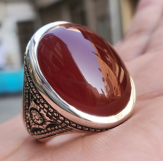 Mens aqeeq ring natural brown red agate bague modern aqeeq ring design men real - Heavenly Gems