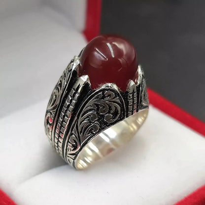 Blood Red Aqeeq Ring - Sterling Silver Natural Men's Agate Ring - Heavenly Gems