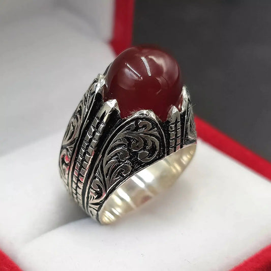 Blood Red Aqeeq Ring - Sterling Silver Natural Men's Agate Ring - Heavenly Gems