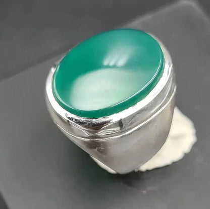 Unheated Green Yemeni aqeeq ring for men - Natural Yamani hakik rings Real agate Sterling Silver 925 - Heavenly Gems