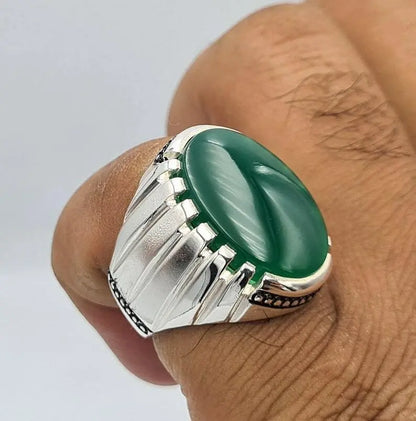 Green yemeni aqeeq ring yamani hakik agate bague christmas gift for him jewelrySterling Silver 925 - Heavenly Gems