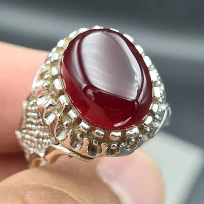 Mens rare blood yemeni aqeeq ring real genuine Yamni agate stone man Haqeeq ring Premium 925 Sterling Silver - Heavenly Gems