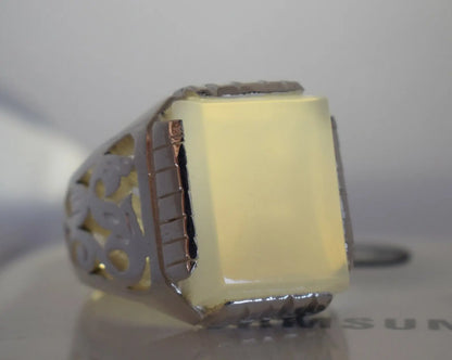 Yemeni Aqeeq Ring Deep White Agate Bague Mens Sterling Silver Handmade Rings925 - Heavenly Gems