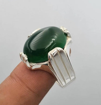 Green Yemeni Aqeeq Yamni Yemen Yamani Agate Akik Aqiq Hakik Ring Handmade Silver - Heavenly Gems