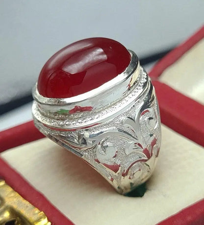 Mens Deep Blood Red Shifat al Abad Yemeni Aqeeq Ring Aqeeq agate Ring Akik Ring 925 Sterling Silver - Heavenly Gems