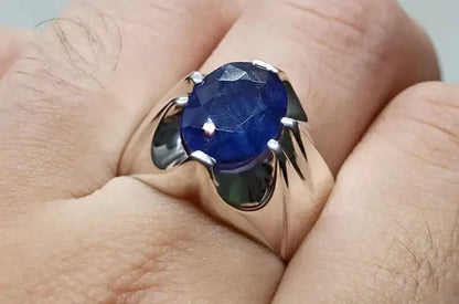 4.6 Carat Sapphire Ring Sterling Silver Handmade Mens Ring Natural Blue Sapphire - Heavenly Gems