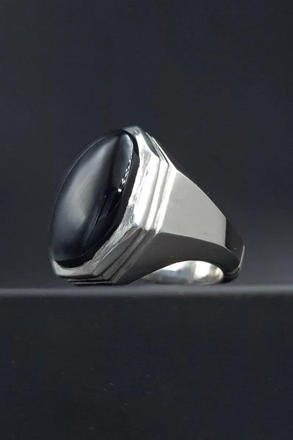 Mens Black Oval Cut Aqeeq Ring natural Agate Ring for Men Shifat Al Abad Yemeni Aqeeq 925 Sterling Silver Ring gift - Heavenly Gems