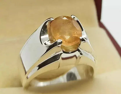 Natural Yellow Sapphire Men's Ring - Sterling Silver 925 Handmade Pukhraj Ring - Heavenly Gems