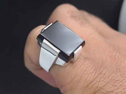 Mens Black Aqeeq Ring natural Agate Ring for Men Shifat Al Abad Yemeni Aqeeq Rectangular Cut Ring mens - Heavenly Gems