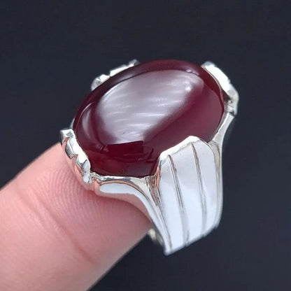 Mens Yemeni Aqeeq Oval Cut Ring Deep Blood Red Yamni Agate Ring For Men Sterling Silver 925 - Heavenly Gems