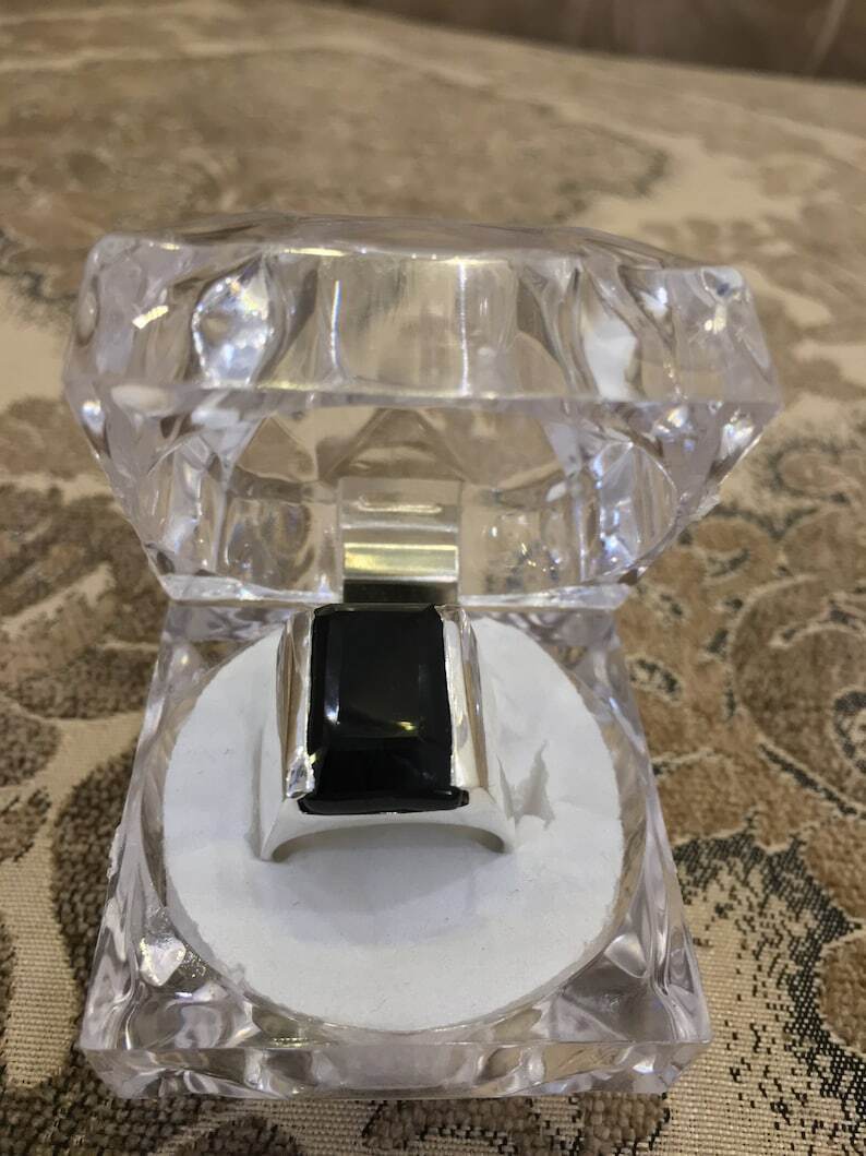 Original Black Aqeeq Akik Haqeeq Stone ring In Emerald Cut Square Design ring - Heavenly Gems