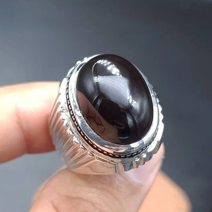Yemeni Aqeeq Ring Shefat Al Abad Al Habshi Black Aqeeq Yemeni Kabadi Aqeeq Agate Sterling Silver 925 (Premium Quality) - Heavenly Gems