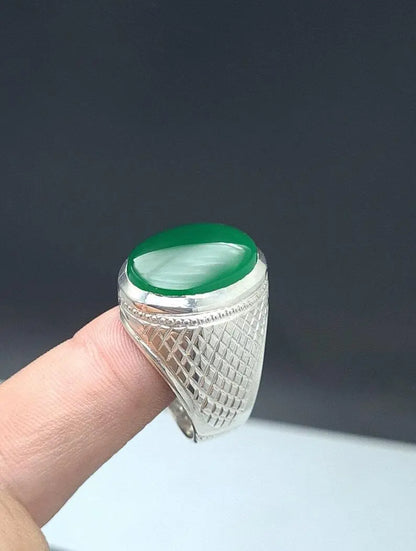 Rare Unheated Green Yemeni aqeeq ring for men Natural Yamani hakik rings Real Sterling Silver 925 - Heavenly Gems