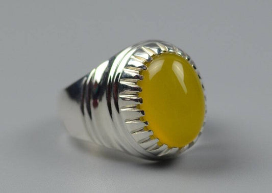 Oval Shape Zard Aqeeq Sterling Silver 925 Yellow Onyx Ring Yellow Carnelian Ring - Heavenly Gems