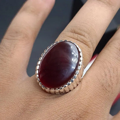 Yemeni Aqeeq Ring Yameni Oval Cut Deep Red Aqeeq Ring Agate Ring Big Black red Aqeeq Agate Ring Sterling Silver 925 (Premium Quality) - Heavenly Gems