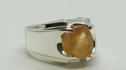 Natural Yellow Sapphire Mens Ring Sterling Silver 925 Handmade Pukhraj Ring gift - Heavenly Gems