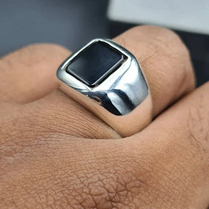 Mens Deep Black Shifat al Abad Yemeni Aqeeq Ring Kabadi Black Aqeeq agate 925 Sterling Silver - Heavenly Gems