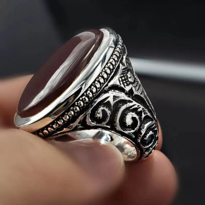 Mens Yemeni Aqeeq Ring Deep Blood Red Yamni Agate Natural Ring For Men - Heavenly Gems