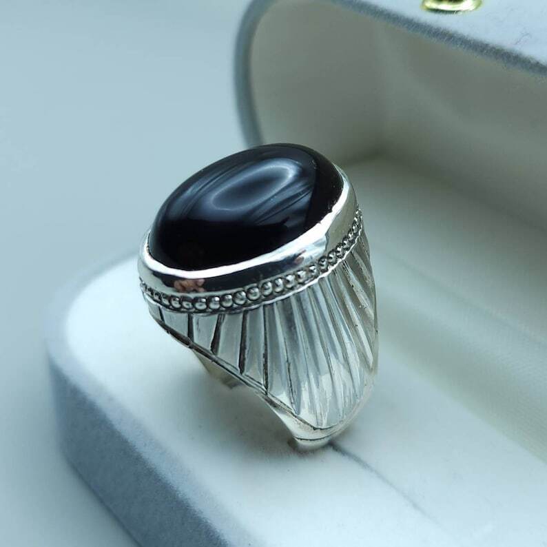 Yemeni Aqeeq Ring Yameni Aqeeq Ring Agate Ring Big Black Kabadi Aqeeq Agate gift - Heavenly Gems