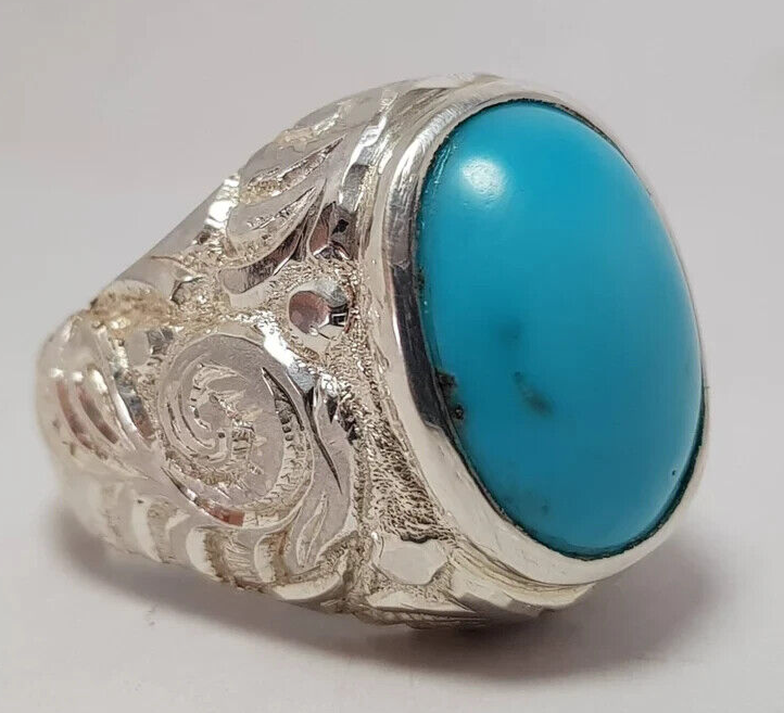 Beautiful Turquoise ring Engraved Feroza ring Mens Big Turquoise ring Mens Gift - Heavenly Gems