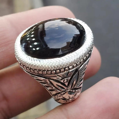 Mens Black Aqeeq Ring natural Agate Ring Oval Cut for Men Shifat Al Abad real Yemeni Aqeeq Ring - Heavenly Gems