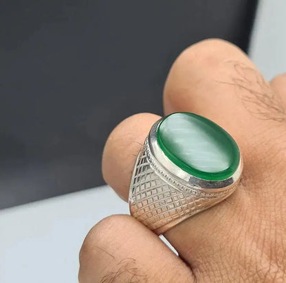 Rare Unheated Green Yemeni aqeeq ring for men Natural Yamani hakik rings Real Sterling Silver 925 - Heavenly Gems