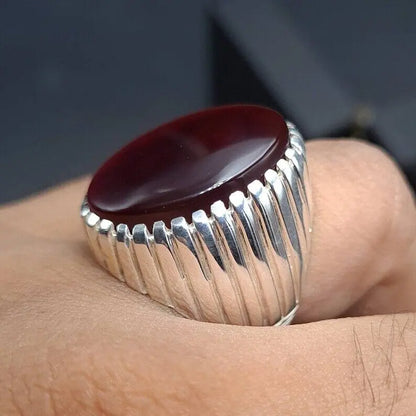 Yemeni Aqeeq Ring Yameni Oval Cut Deep Red Aqeeq Ring Agate Ring Big Black red Aqeeq Agate Ring Sterling Silver 925 (Premium Quality) - Heavenly Gems