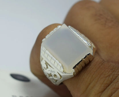 Yemeni Aqeeq Ring Deep White Agate Bague Mens Sterling Silver Handmade Rings925 - Heavenly Gems
