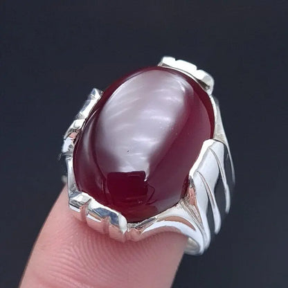Mens Yemeni Aqeeq Oval Cut Ring Deep Blood Red Yamni Agate Ring For Men Sterling Silver 925 - Heavenly Gems