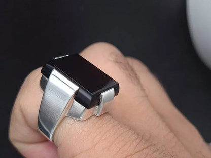 Mens Black Aqeeq Ring natural Agate Ring for Men Shifat Al Abad Yemeni Aqeeq Rectangular Cut Ring mens - Heavenly Gems