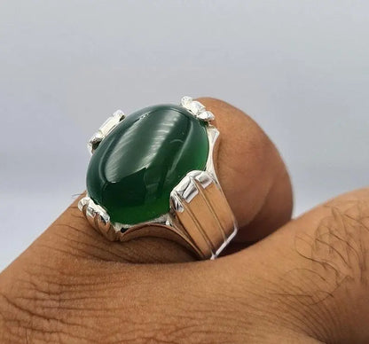 Green Yemeni Aqeeq Yamni Yemen Yamani Agate Akik Aqiq Hakik Ring Handmade Silver - Heavenly Gems