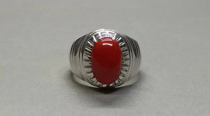 Natural Deep Red Australian Coral Mens Ring Sterling Silver 925 Dark Red ring - Heavenly Gems