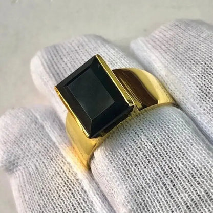 Yemeni Aqeeq Ring For Men, 14k yellow Gold Agate Ring, Natural Black Aqeeq Ring - Heavenly Gems