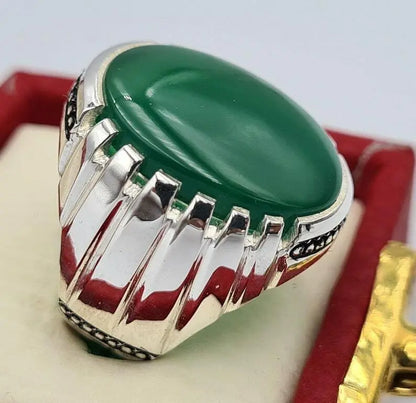 Green yemeni aqeeq ring yamani hakik agate bague christmas gift for him jewelrySterling Silver 925 - Heavenly Gems