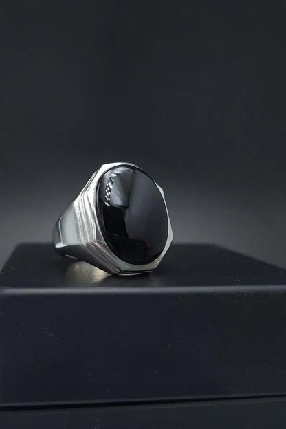 Mens Black Oval Cut Aqeeq Ring natural Agate Ring for Men Shifat Al Abad Yemeni Aqeeq 925 Sterling Silver Ring gift - Heavenly Gems