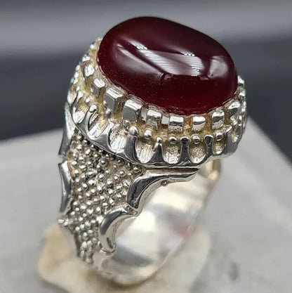 Mens rare blood yemeni aqeeq ring real genuine Yamni agate stone man Haqeeq ring Premium 925 Sterling Silver - Heavenly Gems