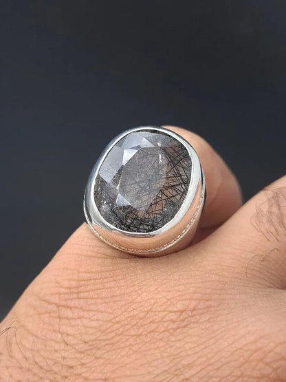 Natural Muh e Najaf Mens Sterling Silver 925 Handmade Ring Rutilated Quartz Ring - Heavenly Gems