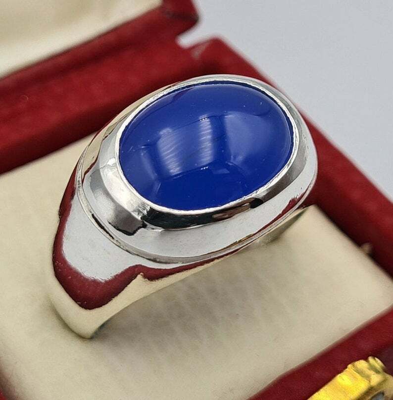 Rare blue yemeni aqeeq yamni yemen akik agate hakik bague mens rings easter gift - Heavenly Gems