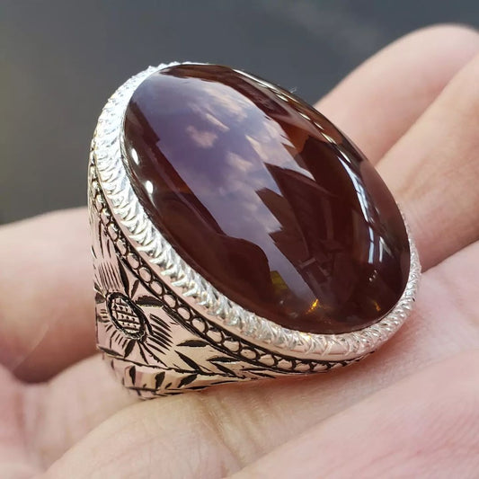 Aqeeq ring natural brown red agate bague modern aqeeq ring design men real akik - Heavenly Gems