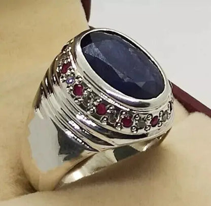 Oval Cut Natural 8 Carat Blue Sapphire Unisex Ring Sterling Silver 925 Hamdmade - Heavenly Gems