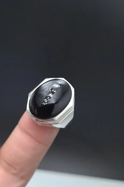 Mens Black Oval Cut Aqeeq Ring natural Agate Ring for Men Shifat Al Abad Yemeni Aqeeq 925 Sterling Silver Ring gift - Heavenly Gems