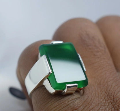 Natural Dark Green Yemeni Aqeeq Ring Agate 925 Sterling Silver Ring Shia Rings - Heavenly Gems